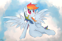Size: 1100x730 | Tagged: safe, artist:ollywiicious, rainbow dash, pegasus, pony, g4, cloud, cloudy, female, mare, sitting, smiling, solo