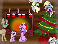Size: 1024x768 | Tagged: safe, artist:twinkiepie19, amethyst star, chirpy hooves, derpy hooves, dinky hooves, doctor whooves, sparkler, time turner, mouse, pegasus, pony, g4, bowtie, candle, christmas, christmas stocking, christmas tree, clothes, dizzy hooves, equestria's best family, female, fireplace, hat, hooves family, mare, santa hat, scarf, tree