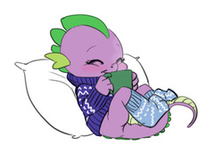 Size: 749x515 | Tagged: safe, artist:carnifex, spike, dragon, g4, baby, baby dragon, barb, barbabetes, clothes, cute, dragoness, eyes closed, female, mug, rule 63, rule63betes, smiling, socks, solo, sweater