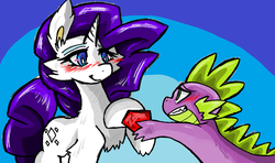 Size: 1024x607 | Tagged: safe, artist:bakukurara, rarity, spike, g4, blushing, diamond, female, gem, male, ruby, ship:sparity, shipping, straight