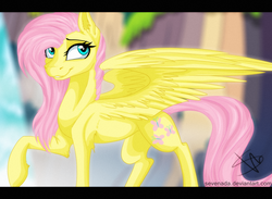 Size: 2326x1700 | Tagged: safe, artist:sevenada, fluttershy, g4, ear fluff, female, raised hoof, solo, spread wings