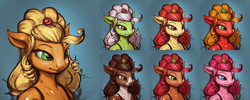Size: 4500x1800 | Tagged: safe, artist:assasinmonkey, apple bloom, applejack, babs seed, big macintosh, granny smith, pinkie pie, winona, earth pony, anthro, g4, alternate hairstyle, apple family, applejewel, high res, macareina, older, ponified, recolor, rule 63, younger