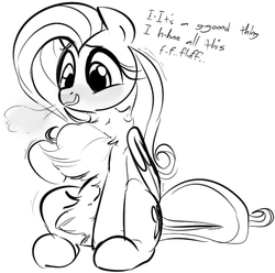Size: 630x624 | Tagged: safe, artist:dotkwa, fluttershy, g4, blushing, chest fluff, female, fluffershy, grayscale, impossibly large chest fluff, monochrome, sitting, solo