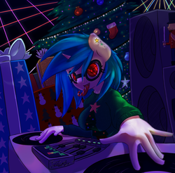 Size: 3500x3450 | Tagged: safe, artist:futaku, dj pon-3, vinyl scratch, anthro, g4, candy cane, christmas, christmas tree, clothes, female, high res, my little hoe hoe hoe, present, solo, speaker, sweater, tongue out, tree, turntable