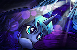 Size: 1400x900 | Tagged: safe, artist:flamevulture17, princess luna, g4, bed, female, moon, moonlight, sad, solo, under the covers