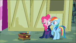 Size: 480x270 | Tagged: safe, edit, edited screencap, screencap, mare do well, pinkie pie, rainbow dash, g4, the mysterious mare do well, animated, duo, female, loop, mare do well costume, record player