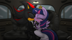 Size: 1500x833 | Tagged: source needed, useless source url, safe, artist:miniferu, twilight sparkle, anthro, g4, commission, crossover, kissing, male, shadow the hedgehog, shadtwi, shipping, sonic the hedgehog, sonic the hedgehog (series), twilight sparkle (alicorn), wedding