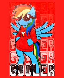 Size: 956x1167 | Tagged: safe, artist:stephastated, rainbow dash, pegasus, pony, g4, 20% cooler, clothes, hoodie, red background, simple background, solo, sunglasses, swag