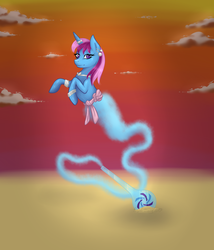 Size: 1452x1696 | Tagged: safe, artist:oosolareclipseoo, oc, oc only, oc:parcly taxel, alicorn, genie, pony, albumin flask, alicorn oc, bracelet, djinn, earring, floating, horn, horn ring, looking at you, necklace, shantae, solo, sunset