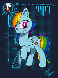 Size: 1000x1333 | Tagged: safe, artist:fuzon-s, rainbow dash, pegasus, pony, g4, cute, dashabetes, female, grid, grin, looking at you, raised hoof, remake, smiling, solo, style emulation, technology, windswept mane, wireframe, yuji uekawa style