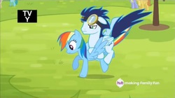 Size: 706x395 | Tagged: safe, screencap, cloud kicker, dizzy twister, orange swirl, rainbow dash, soarin', spring melody, sprinkle medley, warm front, g4, rainbow falls, goggles, hub logo, out of context, tv rating, tv-y