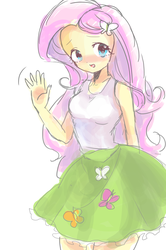 Size: 1000x1508 | Tagged: safe, artist:weiliy, fluttershy, equestria girls, g4, blushing, clothes, female, pixiv, skirt, solo, tank top