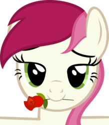 Size: 834x958 | Tagged: safe, artist:comfydove, roseluck, earth pony, pony, g4, bedroom eyes, female, hug, looking at you, mouth hold, rose, show accurate, simple background, solo, transparent background, vector