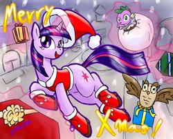 Size: 1024x819 | Tagged: safe, artist:zokoira, owlowiscious, spike, twilight sparkle, g4, hat, pixiv, santa hat