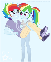 Size: 3544x4280 | Tagged: dead source, source needed, safe, artist:jaquelindreamz, rainbow dash, equestria girls, g4, blushing, carrying, equestria guys, female, male, rainbow blitz, rule 63, self ponidox, selfcest, ship:dashblitz, shipping, straight