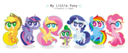 Size: 1024x428 | Tagged: safe, artist:pixiedot9, applejack, fluttershy, rainbow dash, rarity, spike, twilight sparkle, alicorn, pony, g4, female, mane seven, mane six, mare, twilight sparkle (alicorn)