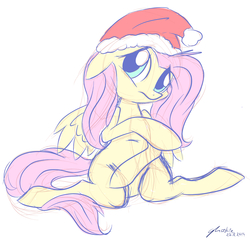 Size: 3430x3286 | Tagged: safe, artist:artoftheghostie, fluttershy, g4, covering, female, hat, high res, santa hat, sketch, solo