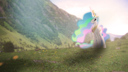 Size: 3840x2160 | Tagged: safe, artist:ashidaru, artist:bastbrushie, princess celestia, alicorn, pony, squirrel, g4, female, field, giant pony, giantess, giantlestia, glowing, high res, hoof shoes, irl, macro, mare, peytral, photo, photomanipulation, ponies in real life, shadow, solo, vector