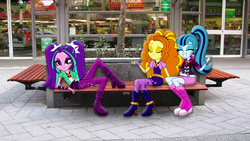 Size: 1920x1080 | Tagged: safe, artist:givralix, artist:mit-boy, artist:mr-kennedy92, adagio dazzle, aria blaze, sonata dusk, equestria girls, g4, bench, cute, equestria girls in real life, eyes closed, looking at you, outdoors, photo, sign, sitting, store, sultry pose, the dazzlings, trio, vector, wal-mart