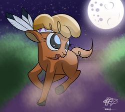 Size: 2000x1800 | Tagged: safe, artist:mister-markers, little strongheart, bison, buffalo, g4, female, looking back, looking up, moon, night, running, solo