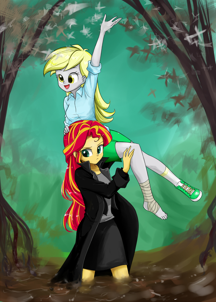 793094 Safe Artist Twilite Sparkleplz Derpy Hooves Sunset Shimmer