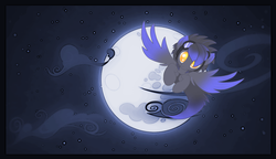 Size: 1332x768 | Tagged: safe, artist:divergentassailant, oc, oc only, oc:deft serenity, pegasus, pony, cloud, cloudy, flying, goggles, moon, night, solo, stars