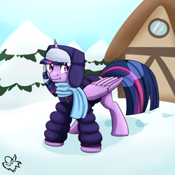Size: 3000x3000 | Tagged: safe, artist:nothingspecialx9, twilight sparkle, alicorn, pony, g4, clothes, coat, female, high res, mare, newbie artist training grounds, scarf, snow, solo, twilight sparkle (alicorn)