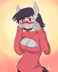 Size: 1280x1600 | Tagged: safe, artist:cold-blooded-twilight, oc, oc only, oc:jaded pencil, anthro, big breasts, blushing, boob window, breasts, clothes, commission, cute, female, keyhole turtleneck, open-chest sweater, sweater, turtleneck
