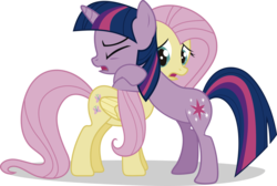 Size: 1024x687 | Tagged: safe, artist:j5a4, fluttershy, twilight sparkle, pegasus, pony, unicorn, comic:the rose of life, g4, duo, duo female, eyes closed, female, hug, open mouth, sad, simple background, transparent background, unicorn twilight, vector