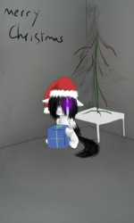 Size: 692x1153 | Tagged: safe, artist:whitenoiseghost, oc, oc only, oc:horror vacui, alone, christmas, crying, present, sad