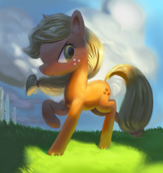 Size: 1650x1750 | Tagged: safe, artist:verrmont, applejack, earth pony, pony, g4, female, fence, grass, hatless, missing accessory, raised hoof, solo, unamused