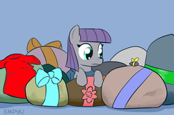 Size: 1000x664 | Tagged: safe, artist:empyu, boulder (g4), maud pie, earth pony, pony, g4, 45 minute art challenge, bow, clothes, ribbon, rock, shirt, solo