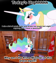 Size: 1021x1149 | Tagged: safe, princess celestia, g4, blushing, canada, celestia's proclamation, drunk, drunklestia, exploitable meme, hangover, meme, prime minister