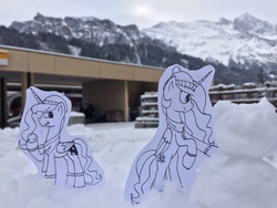 Size: 1280x960 | Tagged: safe, artist:anticular, princess celestia, princess luna, alicorn, pony, ask sunshine and moonbeams, g4, clothes, duo, duo female, female, gloves, hat, irl, mare, papercraft, photo, scarf, snow, snowball, snowman