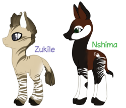 Size: 1024x877 | Tagged: safe, artist:imaginarypony, oc, oc only, oc:nshima, oc:zukile, okapi, zonkey