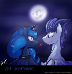 Size: 1500x1545 | Tagged: safe, artist:dragk, princess luna, oc, g4, blushing, canon x oc, commission, heart, moon, smiling