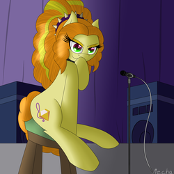 Size: 1600x1600 | Tagged: safe, artist:mechanized515, adagio dazzle, earth pony, pony, equestria girls, g4, my little pony equestria girls: rainbow rocks, disguise, disguised siren, earth pony adagio dazzle, equestria girls ponified, female, microphone, microphone stand, ponified, solo, speaker, stool, the dazzlings