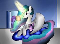 Size: 1753x1275 | Tagged: safe, artist:mytatsur, princess celestia, twilight sparkle, oc, g4, female, filly, hug, magic, momlestia, prone, sleeping, telekinesis, twily, winghug