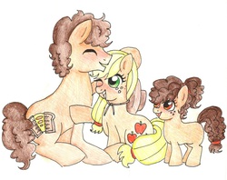 Size: 2560x2024 | Tagged: safe, artist:unoriginai, applejack, cheese sandwich, oc, g4, blushing, cheesejack, crack shipping, cute, family, female, filly, hat, high res, offspring, parent:applejack, parent:cheese sandwich, parents:cheesejack, shipping, traditional art