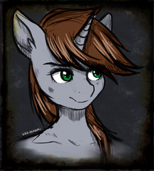 Size: 900x1000 | Tagged: safe, artist:kira-minami, oc, oc only, oc:littlepip, pony, unicorn, fallout equestria, abstract background, fanfic, fanfic art, female, green eyes, horn, mare, portrait, smiling, solo