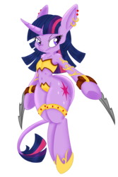Size: 2000x3000 | Tagged: safe, artist:dfectivedvice, artist:dragonfoorm, twilight sparkle, classical unicorn, semi-anthro, g4, arm hooves, belly button, blades, clothes, earring, female, high res, hoof blades, horn, leonine tail, simple background, solo, transparent background, unconvincing armor, weapon, wide hips
