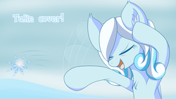 Size: 3200x1800 | Tagged: safe, artist:an-m, oc, oc only, oc:snowdrop, pegasus, pony, bust, chest fluff, dialogue, ear fluff, eyes closed, female, filly, open mouth, snow, snowflake, solo, throwing, tongue out