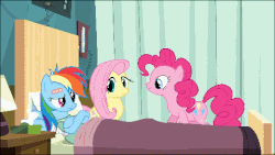 Size: 480x270 | Tagged: safe, edit, edited screencap, screencap, fluttershy, lyra heartstrings, pinkie pie, rainbow dash, g4, read it and weep, animated, bed, female, hospital bed
