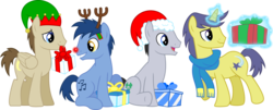 Size: 1405x569 | Tagged: safe, artist:chainchomp2, blues, comet tail, crescent pony, lucky clover, mane moon, noteworthy, earth pony, pegasus, pony, unicorn, g4, christmas, clothes, elf hat, hat, hearth's warming, male, present, reindeer antlers, santa hat, scarf, simple background, sitting, stallion, transparent background, vector