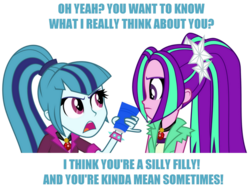 Size: 799x600 | Tagged: safe, aria blaze, sonata dusk, equestria girls, g4, my little pony equestria girls: rainbow rocks, blue text, cup, dialogue, duo, duo female, female, image macro, meme, simple background, transparent background