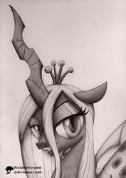 Size: 1061x1500 | Tagged: safe, artist:rockingscorpion, queen chrysalis, changeling, changeling queen, g4, crown, female, jewelry, monochrome, portrait, regalia, solo, traditional art