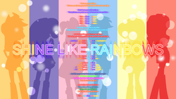 Size: 1920x1080 | Tagged: safe, artist:ahsokafan100, applejack, fluttershy, pinkie pie, rainbow dash, rarity, sunset shimmer, equestria girls, g4, my little pony equestria girls: rainbow rocks, humane six, lyrics, minimalist, shine like rainbows, song reference, wallpaper