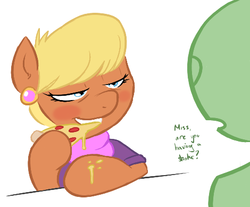Size: 470x389 | Tagged: safe, artist:shoutingisfun, ms. harshwhinny, oc, oc:anon, earth pony, human, pony, g4, bedroom eyes, blushing, clothes, cougar, dialogue, female, human fetish, human male, male, mare, messy eating, oblivious, pizza, simple background, sultry, white background