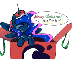 Size: 1280x1048 | Tagged: safe, artist:darkflame75, princess luna, lunadoodle, g4, christmas, female, hat, holiday, merry christmas, present, santa hat, solo
