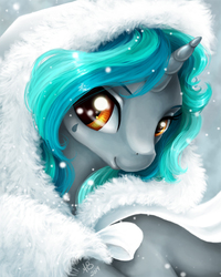 Size: 576x720 | Tagged: dead source, safe, artist:paintedhoofprints, oc, oc only, oc:teary choir, pony, unicorn, beautiful, calm, color porn, cute, female, fluffy white hoodie, happy, hood, looking at you, mare, pretty, smiling, snow, snowfall, solo, sparkly eyes, tattoo, winter